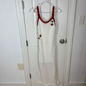 WAYF Ivory Crochet Maxi Dress Red Trim Fruit Embroidery NWT XS